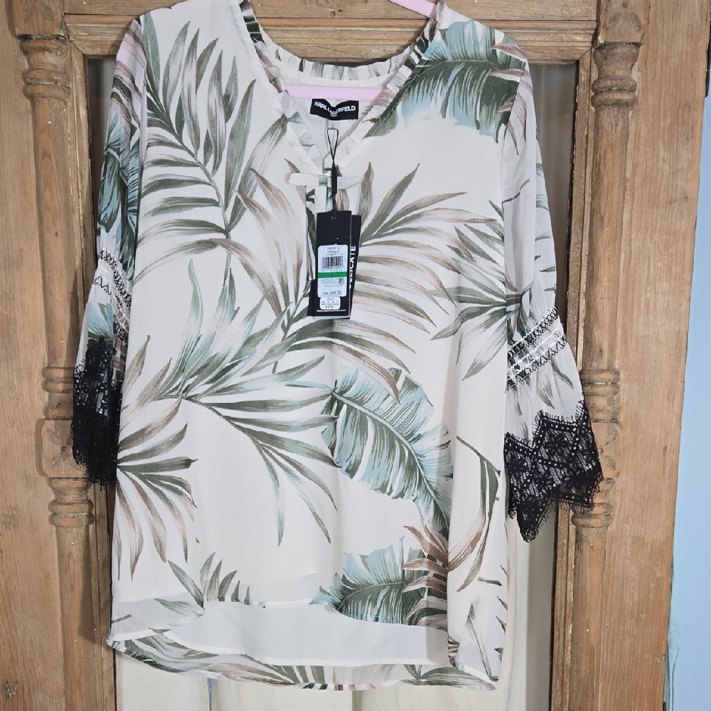 Karl Lagerdeld Palm Leaf Pattern Blouse Size Large - Picture 2 of 8